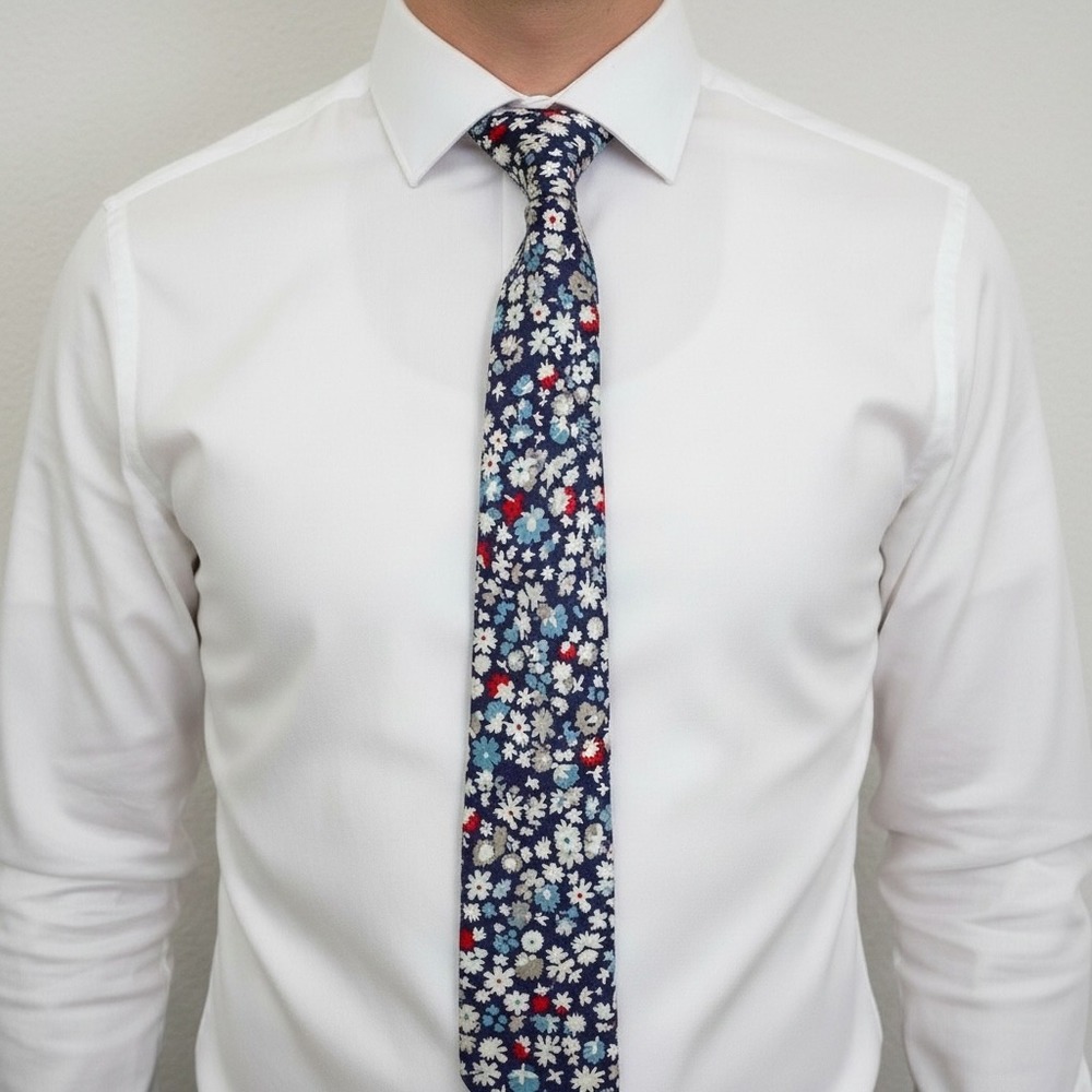 Tie Bar Necktie Mens Slim Purple White Ditsy Floral Cotton Handmade Slim 58x2.5"